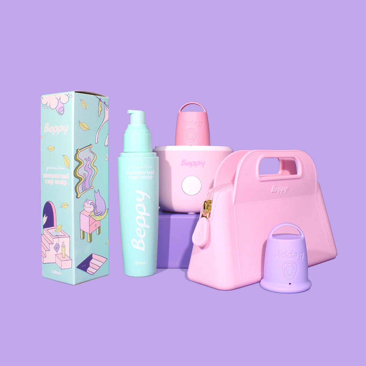 Set menstrual Beppy con copa menstrual, jabón neutro y esterilizador.